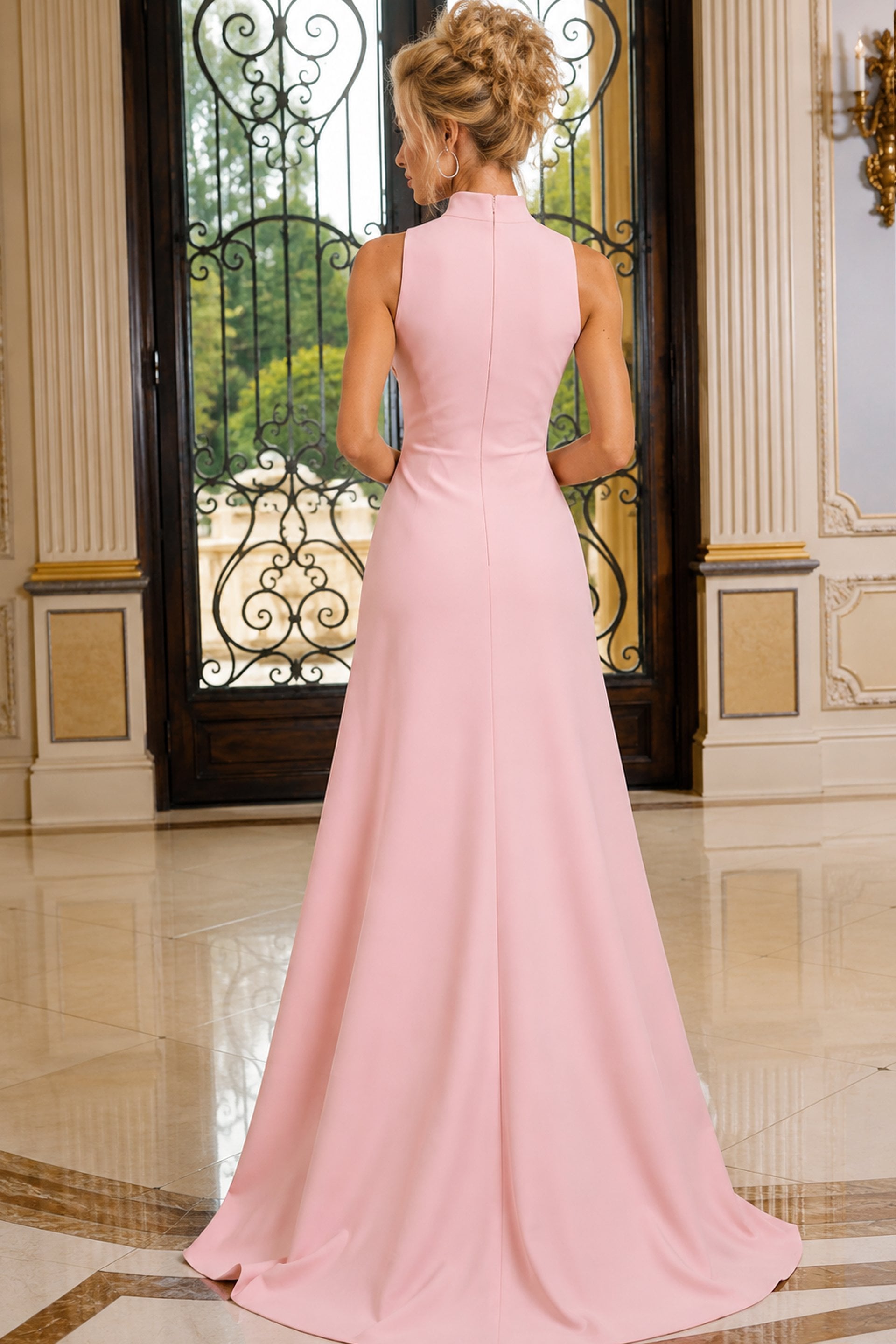blush pink Jovani 53166 Back view, high collar