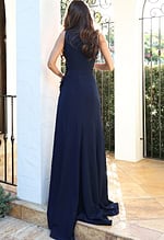 Jovani 53168 navy sleeveless jumpsuit back view showing clean fitted bodice with floral applique detail at the side and wide leg pants with sweep train