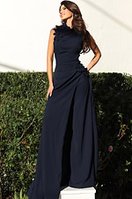 Jovani 53168 navy sleeveless high neck jumpsuit side view showing 3D floral appliques cascading from the neckline to the hip, with draped wide leg pants