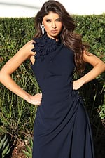 Navy high neck floral appliqué draped gown
