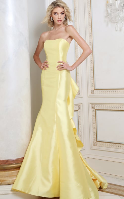Yellow satin strapless mermaid gown with structured bodice, front view