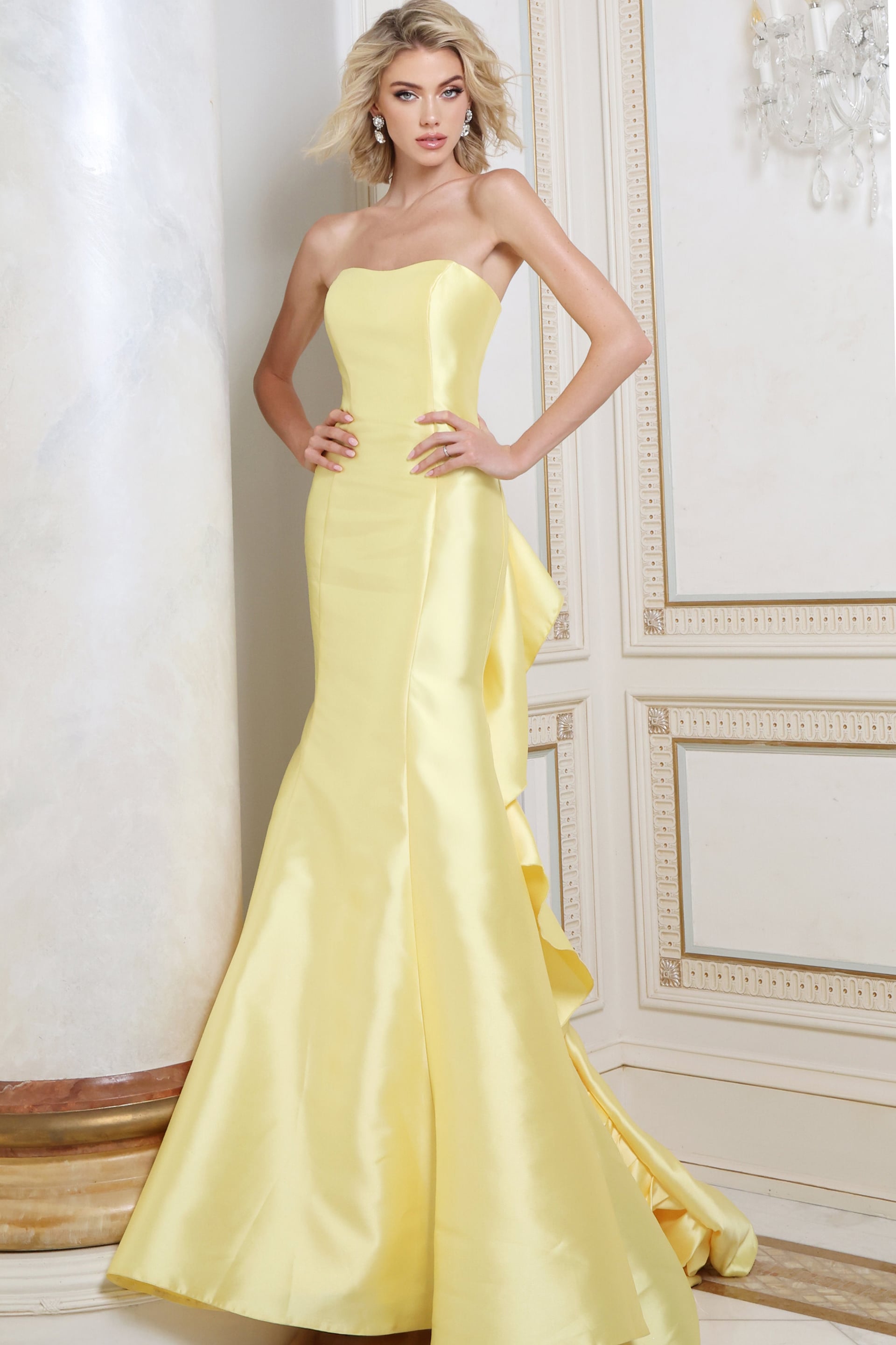 Yellow satin strapless mermaid gown with structured bodice, front view