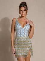 gold and silver beaded V-neck mini dress with corset bodice and tiered fringe skirt