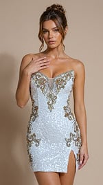 silver and gold sequin strapless mini dress with sweetheart neckline and beaded scrollwork