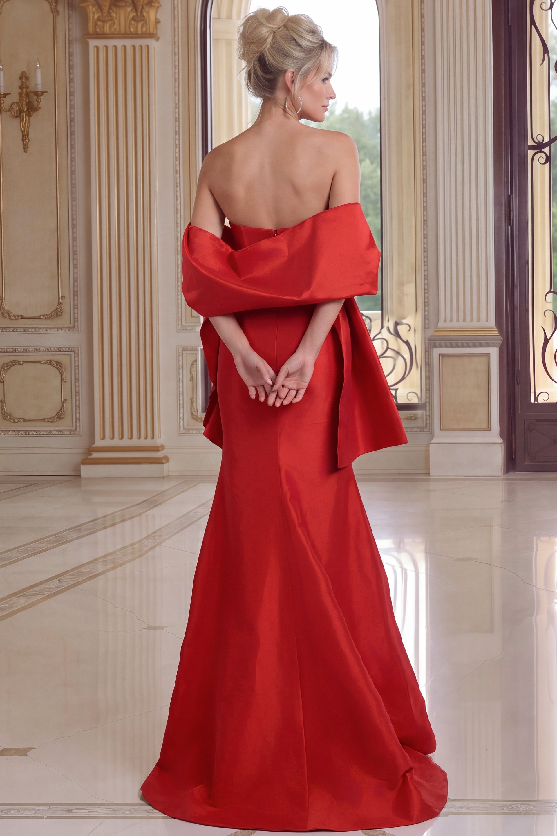 red Jovani 53285 back view, off-shoulder drape