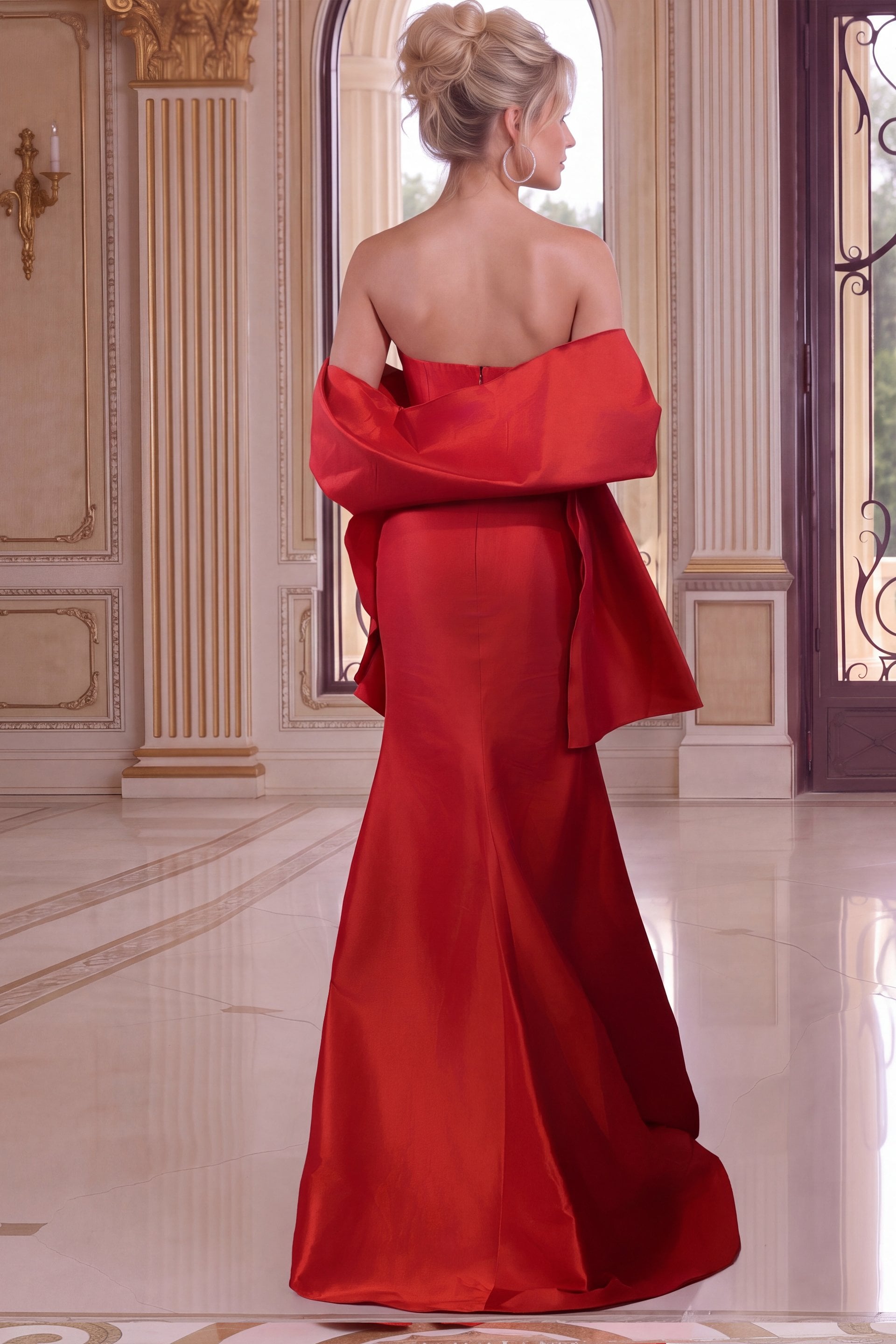red Jovani 53285 back view, draped shoulders