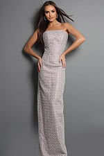 beaded evening gown featuring a straight neckline and center back slit.