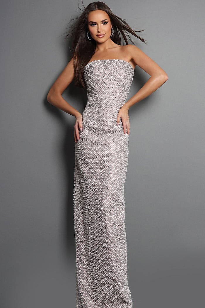 beaded evening gown featuring a straight neckline and center back slit.