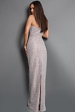 Strapless blush column gown with allover crystal beading