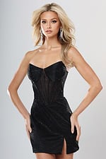 Jovani style 53295 black rhinestone strapless corset short homecoming dress with sweetheart neckline, sheer boned bodice and side slit, front view