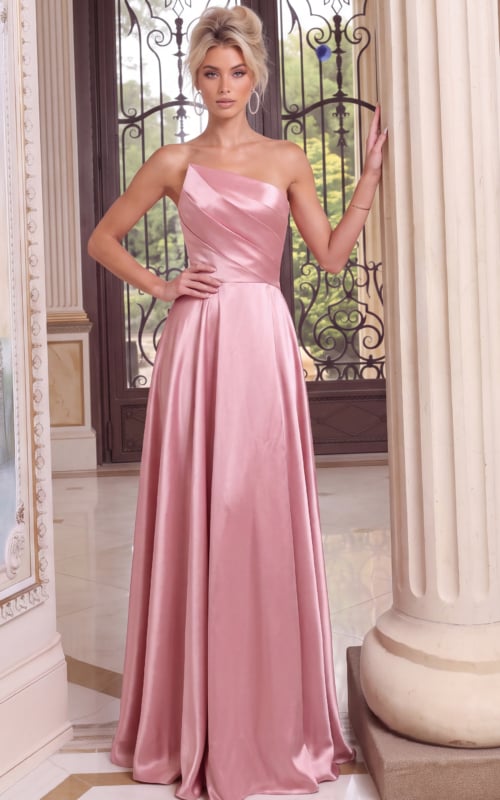 blush pink one-shoulder satin A-line evening gown with a pleated bodice and floor-length skirt.
