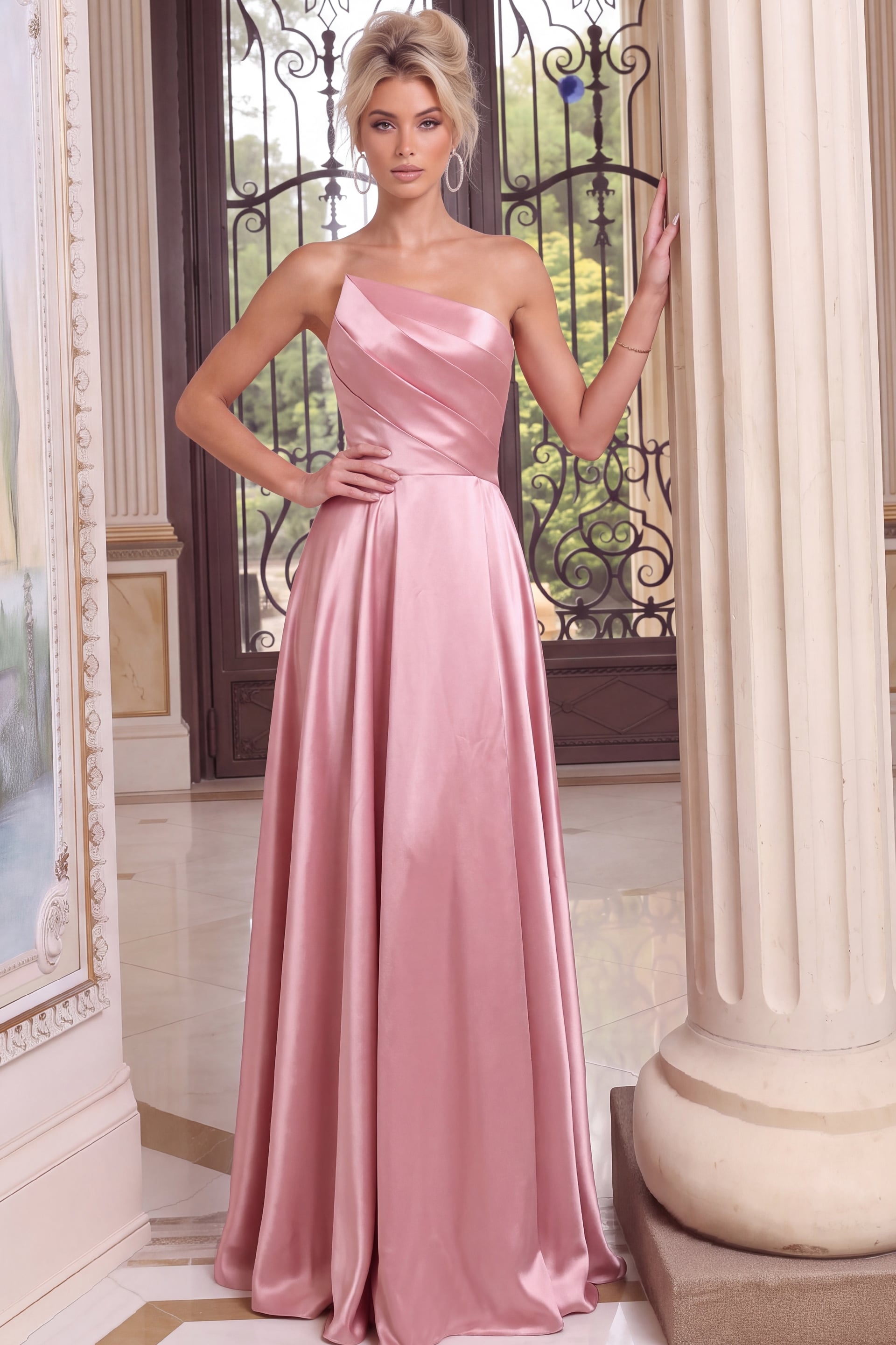 blush pink one-shoulder satin A-line evening gown with a pleated bodice and floor-length skirt.