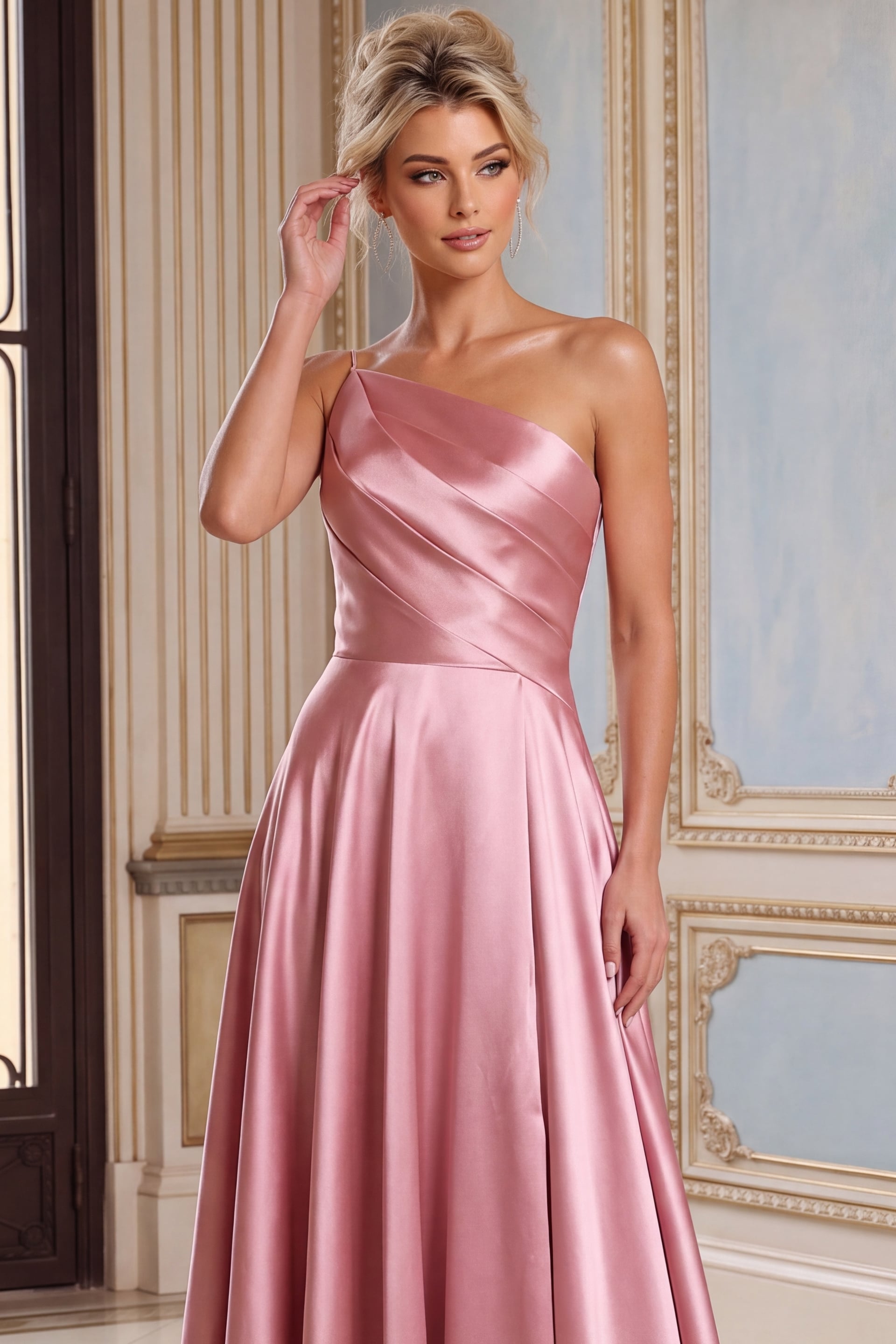 Blush Pink One-Shoulder Satin A-Line Evening Gown