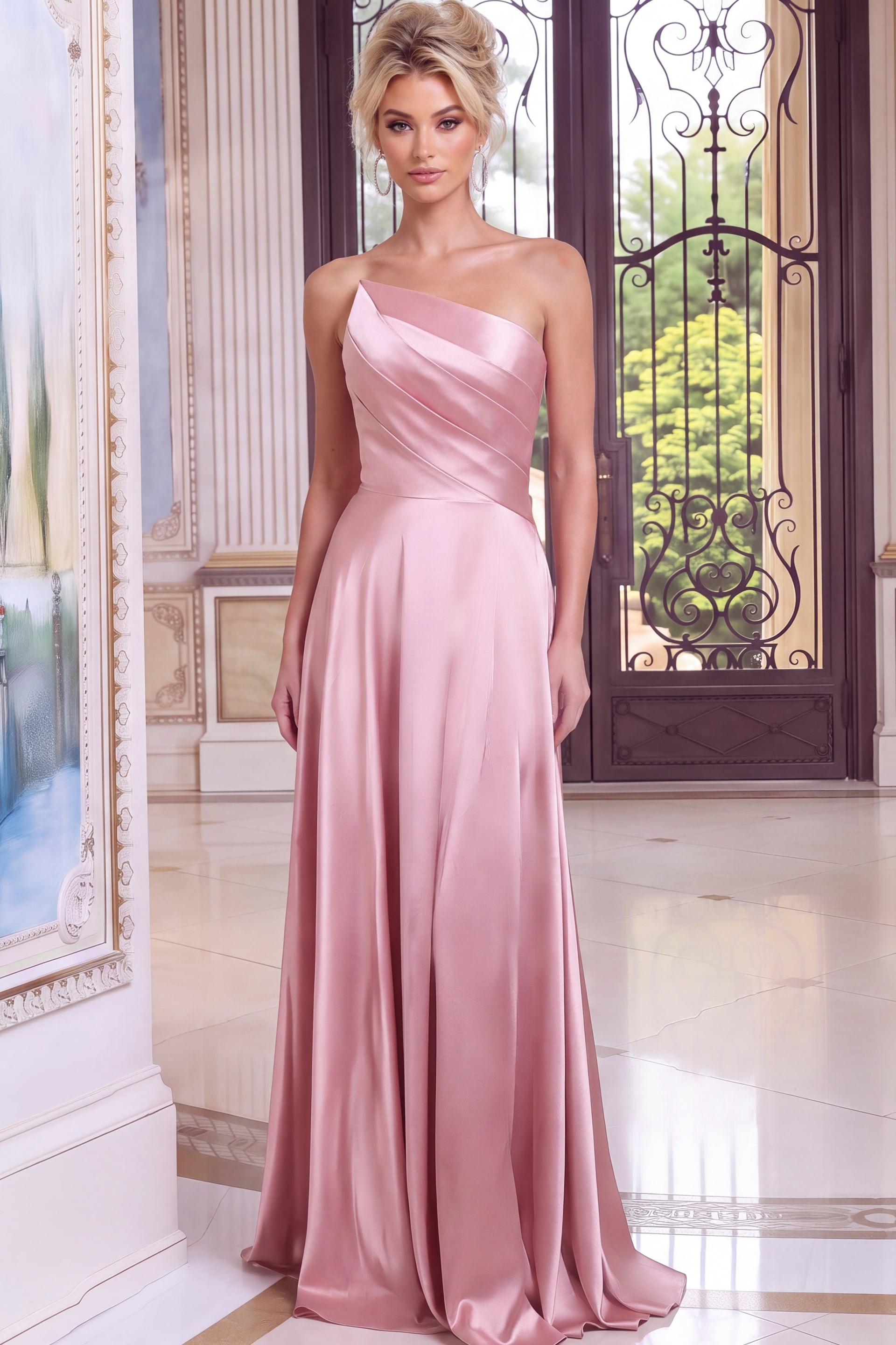 blush pink satin floor-length gown with a structured corset-style bodice and flowing skirt.