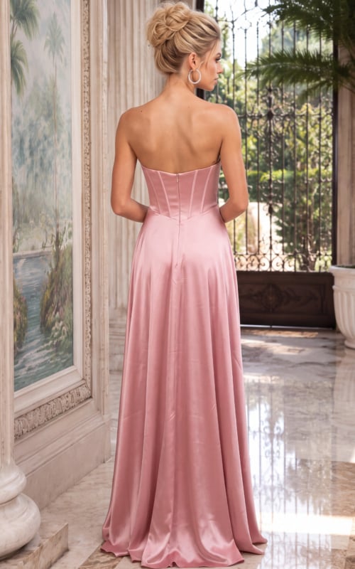 lush pink satin one-shoulder formal gown featuring diagonal pleating and a flowing A-line skirt.