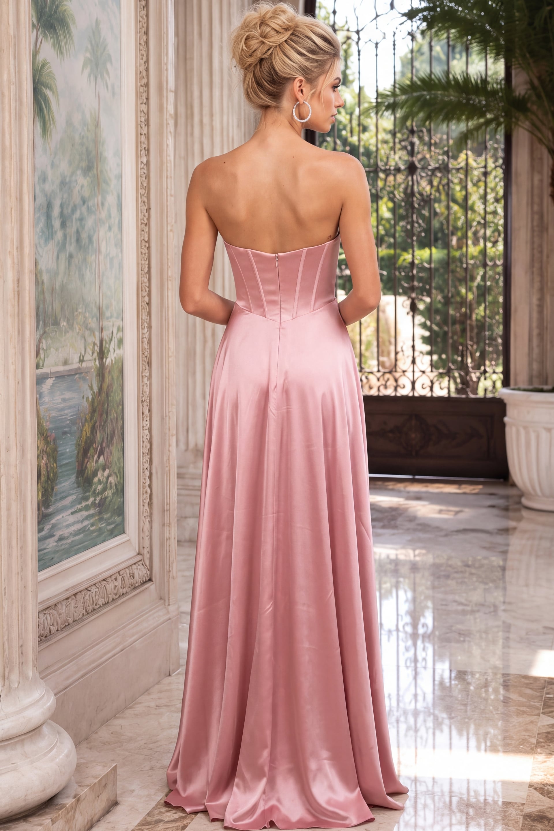 lush pink satin one-shoulder formal gown featuring diagonal pleating and a flowing A-line skirt.