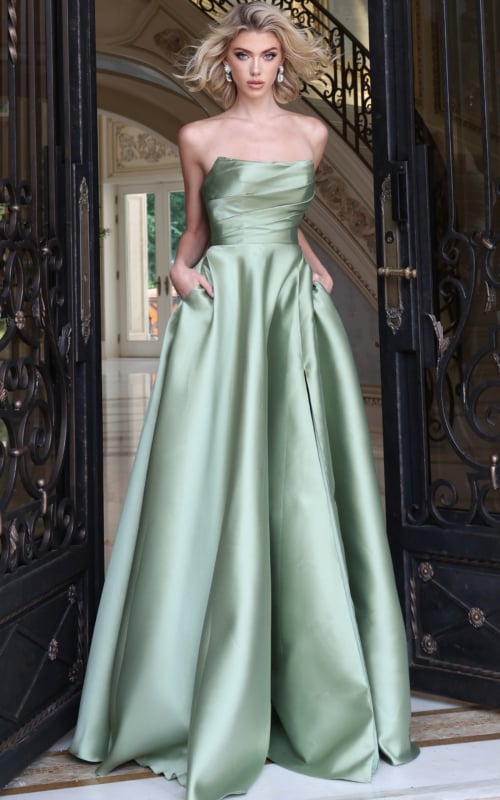 Sage satin strapless gown showing side pockets and full pleated skirt