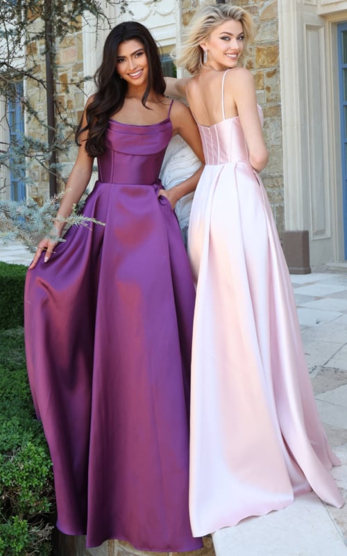 purple satin corset A line gown with spaghetti straps and pockets