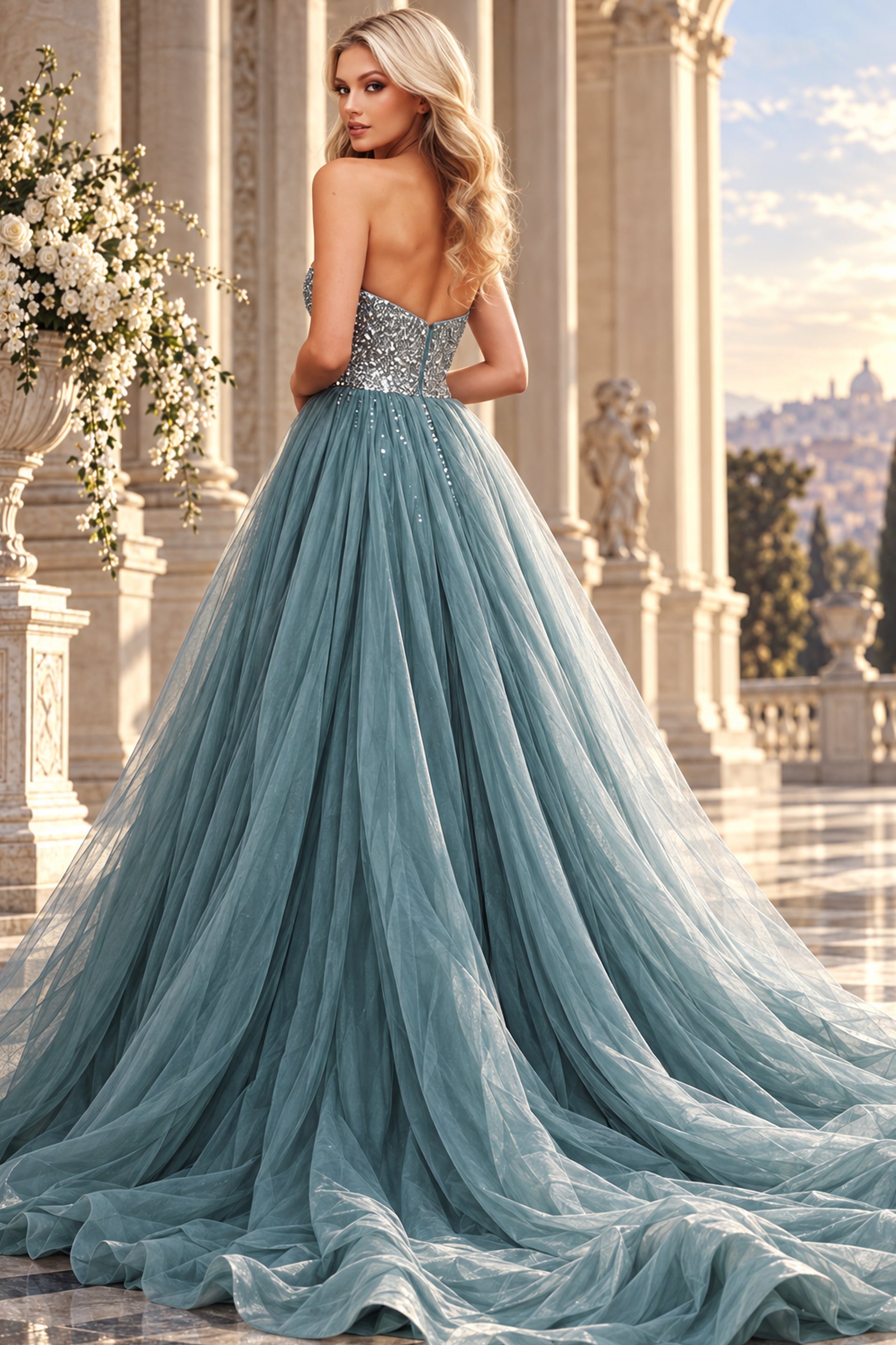 Luxury strapless blue gown with shimmering bodice and dramatic floor-length train