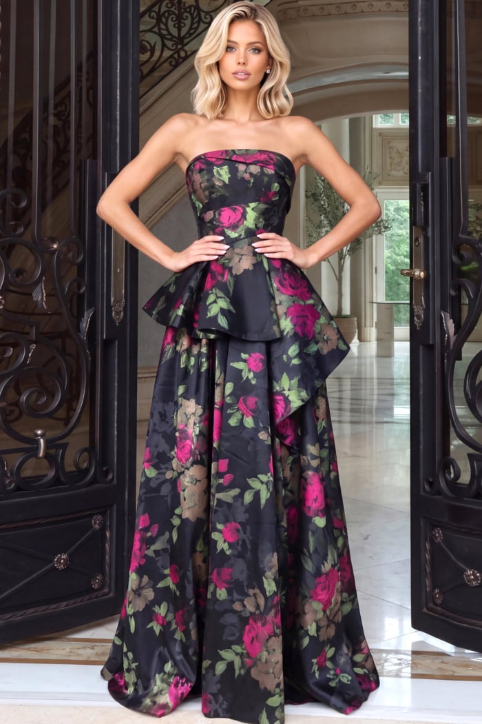 Floral printed mikado gown with straight strapless neckline, flared peplum and voluminous skirt