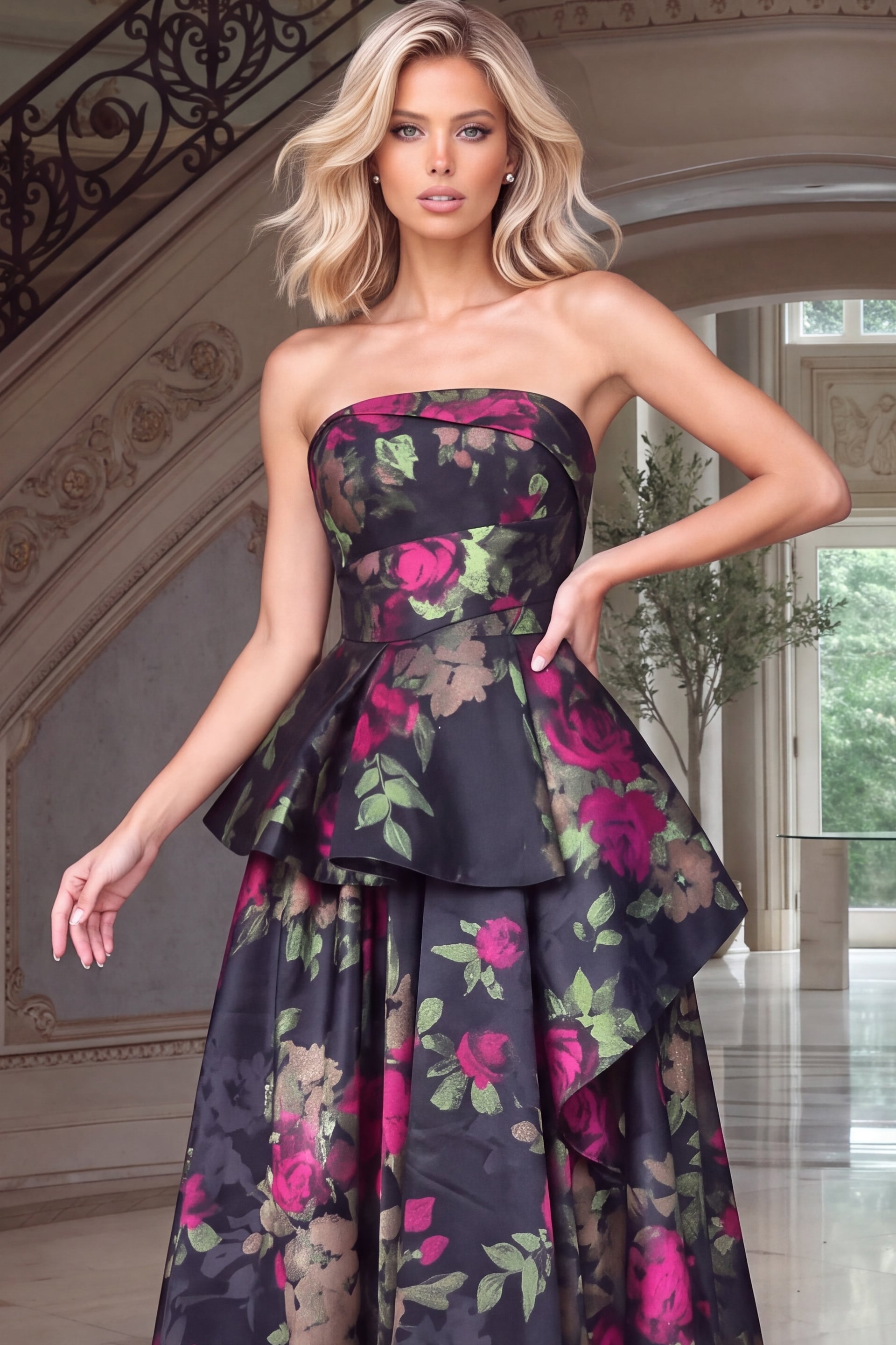 Asymmetric peplum breaks a strapless floral bodice above a full pleated skirt, closely framed