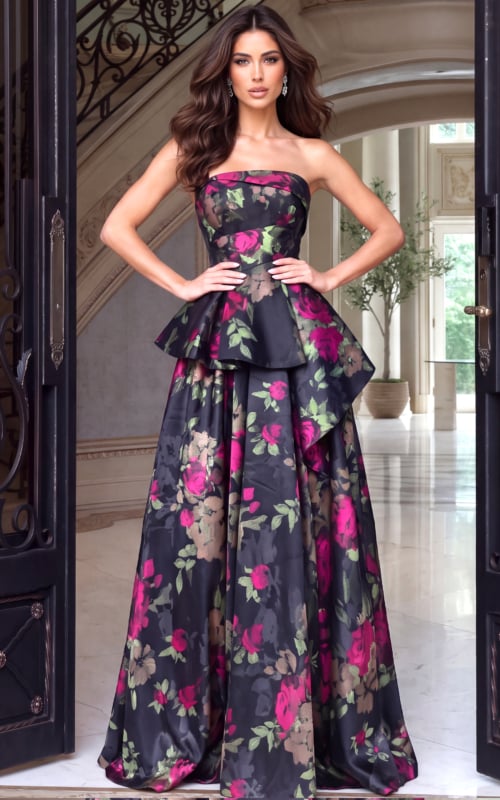 Strapless rose print ball gown with peplum waist and sweeping floor length skirt