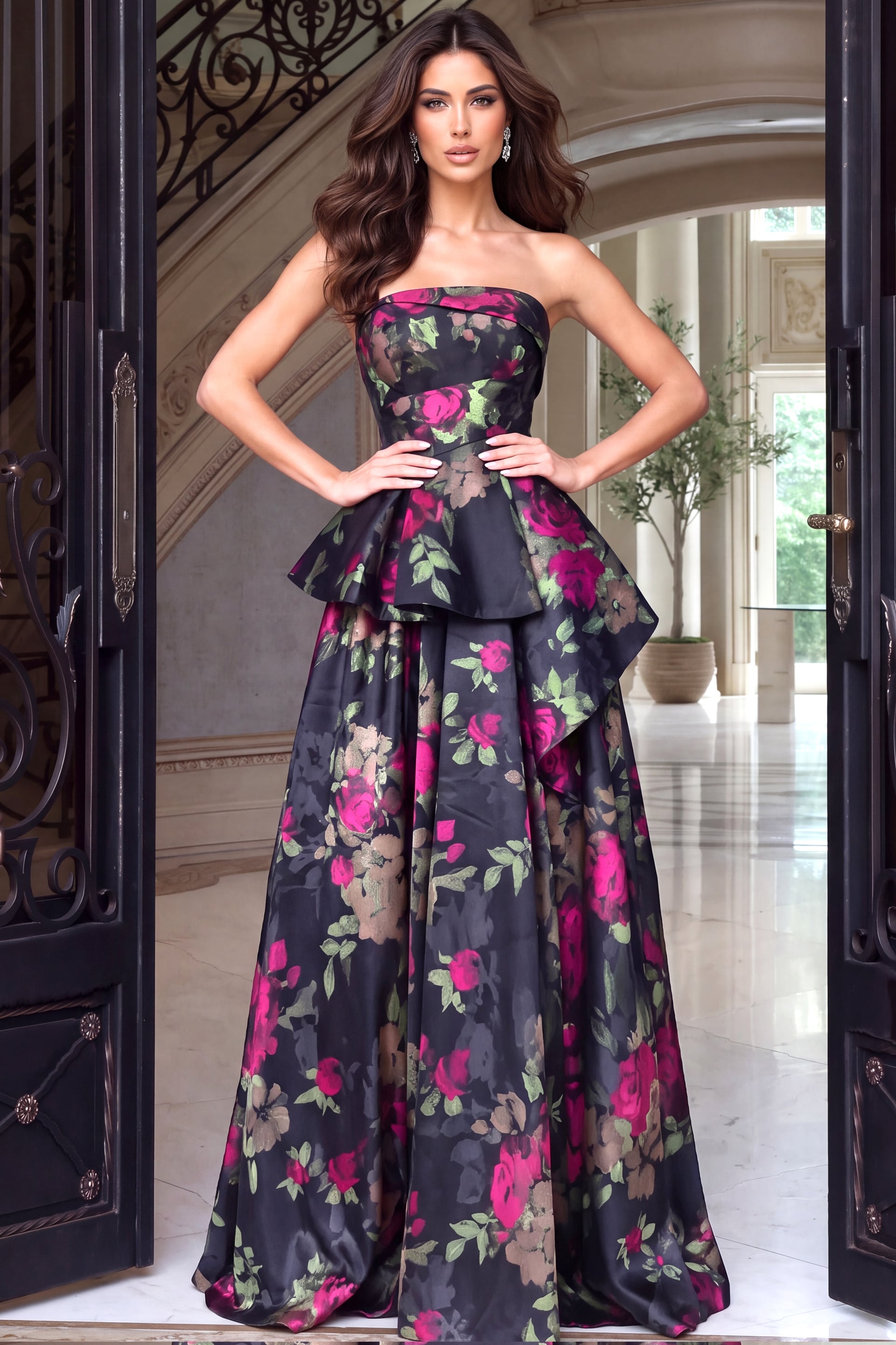Strapless rose print ball gown with peplum waist and sweeping floor length skirt