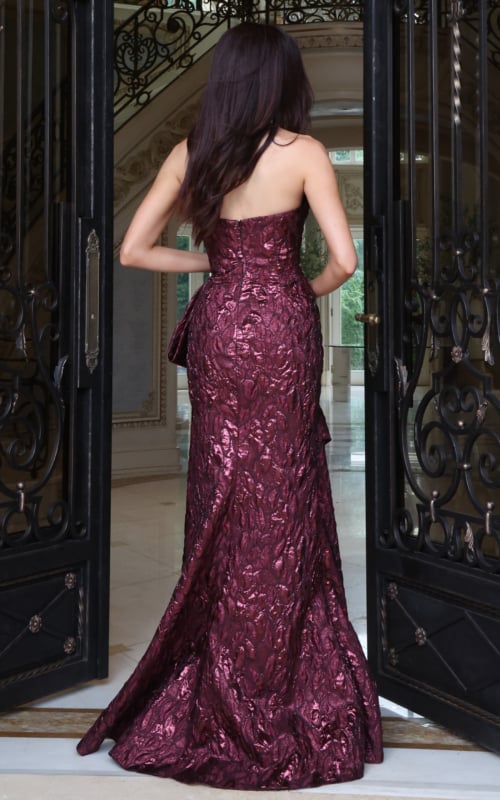 Wine metallic textured strapless mermaid gown, back view