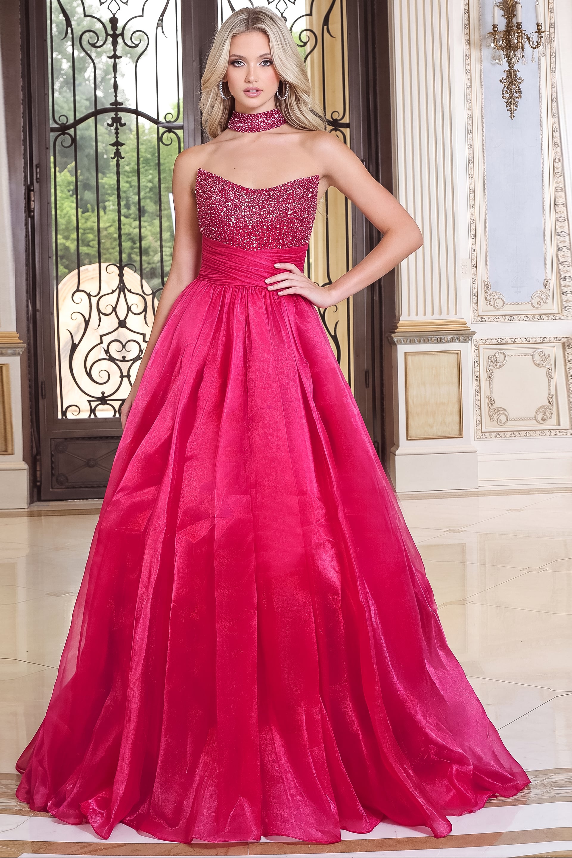 fuchsia organza sweetheart ball gown gown with matching choker and ruched waist, view 2