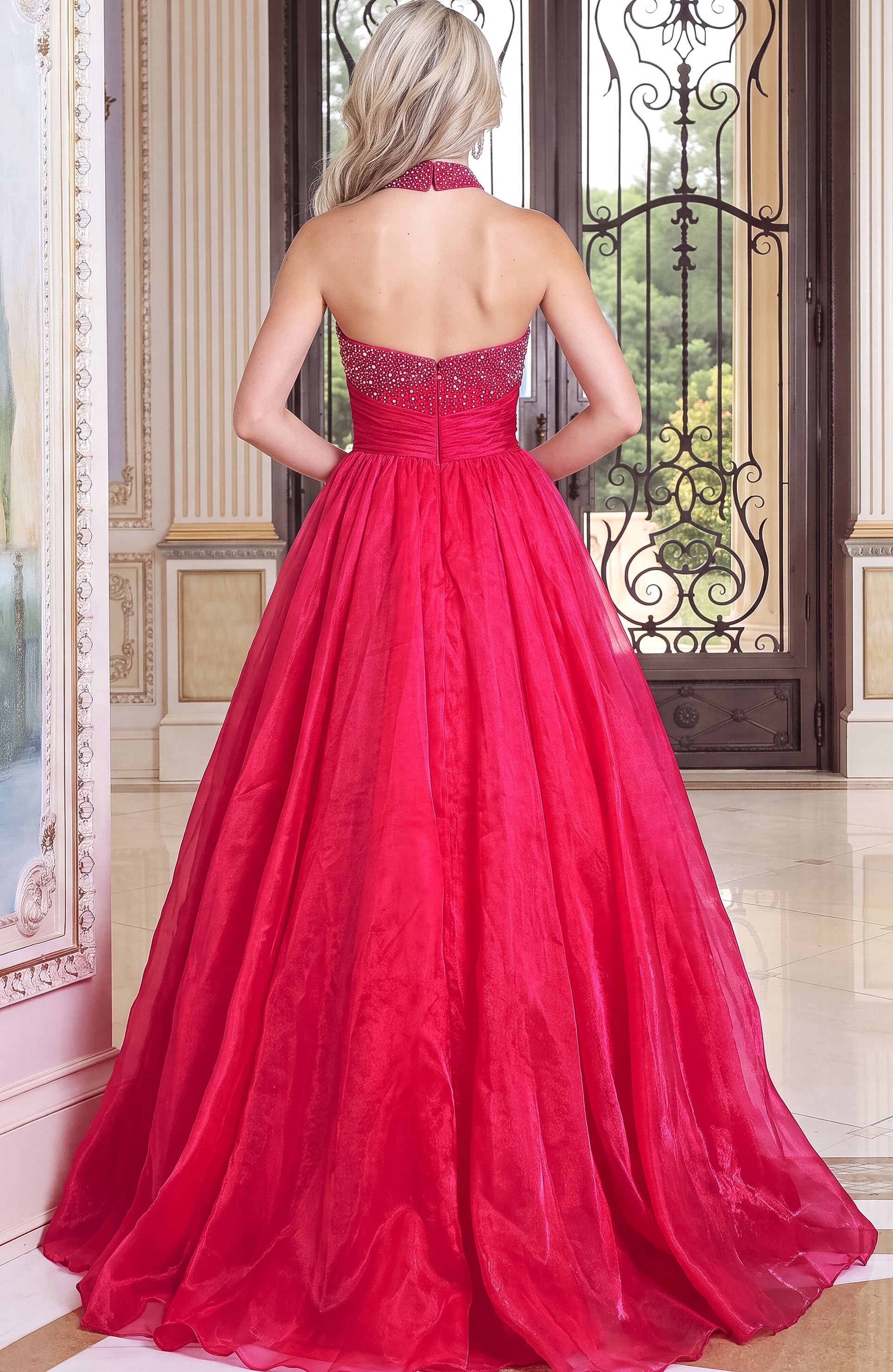back view of fuchsia organza sweetheart ball gown gown with matching choker and ruched waist