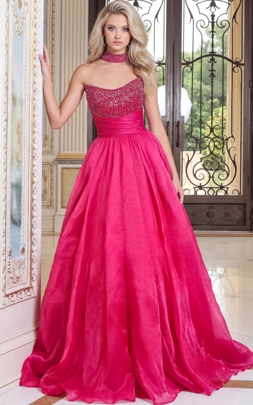 fuchsia organza sweetheart ball gown gown with matching choker and ruched waist