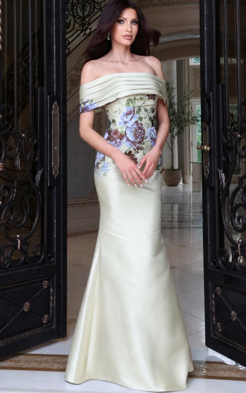 Pale green off-the-shoulder mermaid gown with floral border print at hem, front view