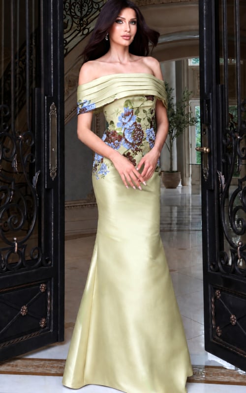 off-the-shoulder mermaid gown with floral border print at hem, front view
