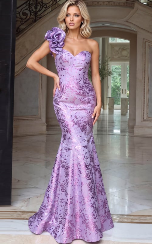 Lavender metallic brocade mermaid gown with oversized rosette on a single shoulder strap