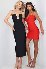 Jovani style 53436 black bandage fitted dress with straight neckline, thin straps and gold hardware accent, front view