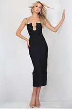back view of black bandage fitted dress with straight neckline, thin straps and gold hardware accent, Jovani style 53436