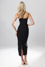 Jovani style 53436 black bandage fitted dress with straight neckline, thin straps and gold hardware accent, front view