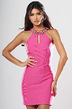 Jovani style 53439 pink bandage fitted short homecoming dress with halter neckline and jeweled snake collar, front view