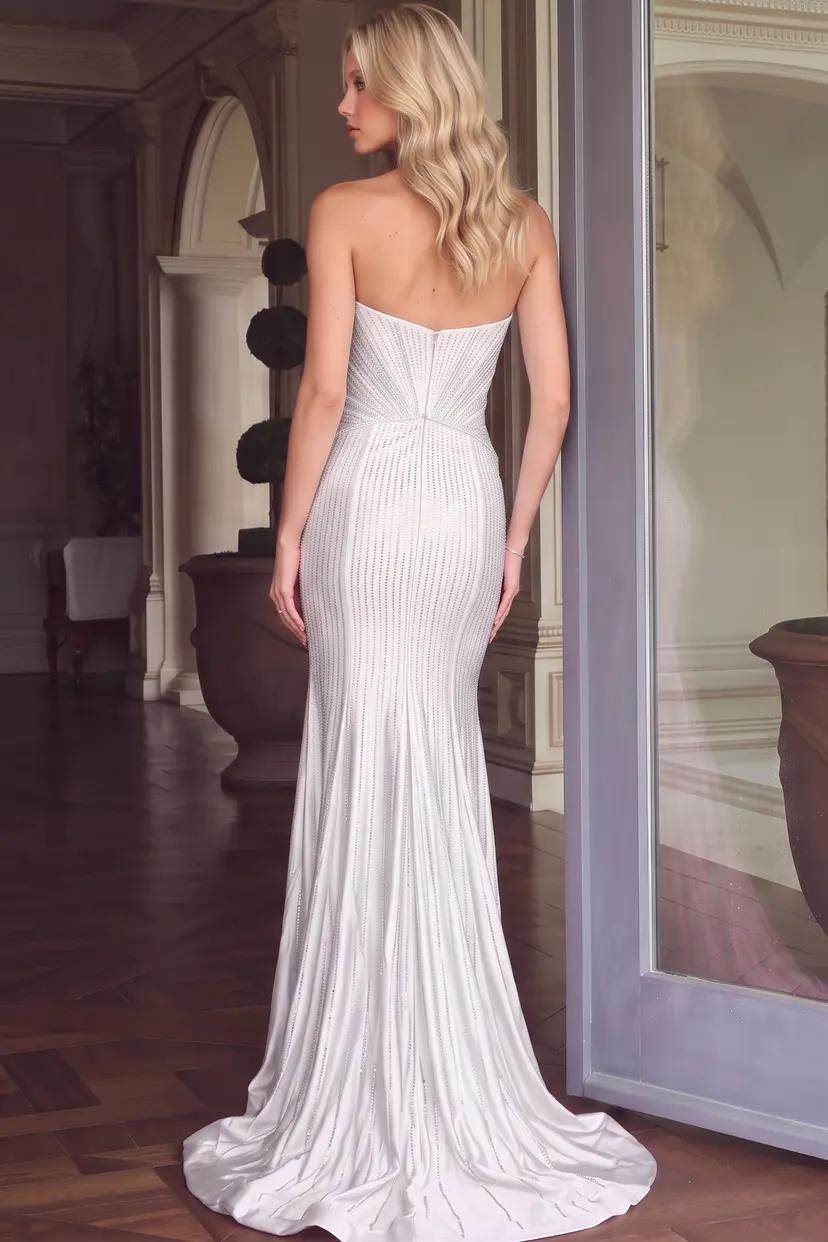 Back view of white pleated satin strapless gown showing the fitted back and sweep train, Jovani style 53443