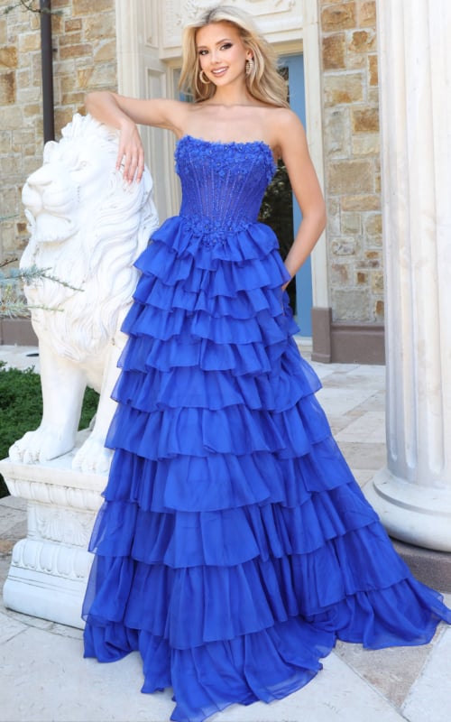 royal blue chiffon ball gown with beaded corset bodice and tiered ruffle skirt
