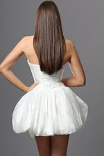 white bubble skirt mini dress with strapless bow waist floral texture