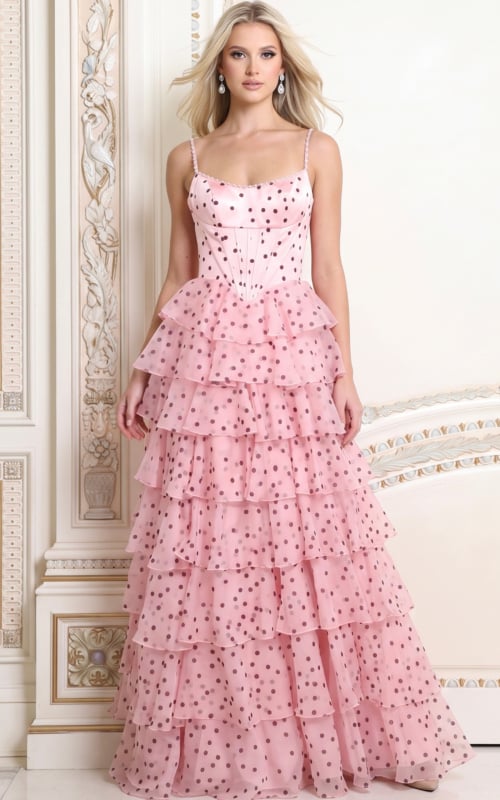 Pink polka dot tulle ball gown with corset bodice and tiered ruffle skirt, Jovani style 53450