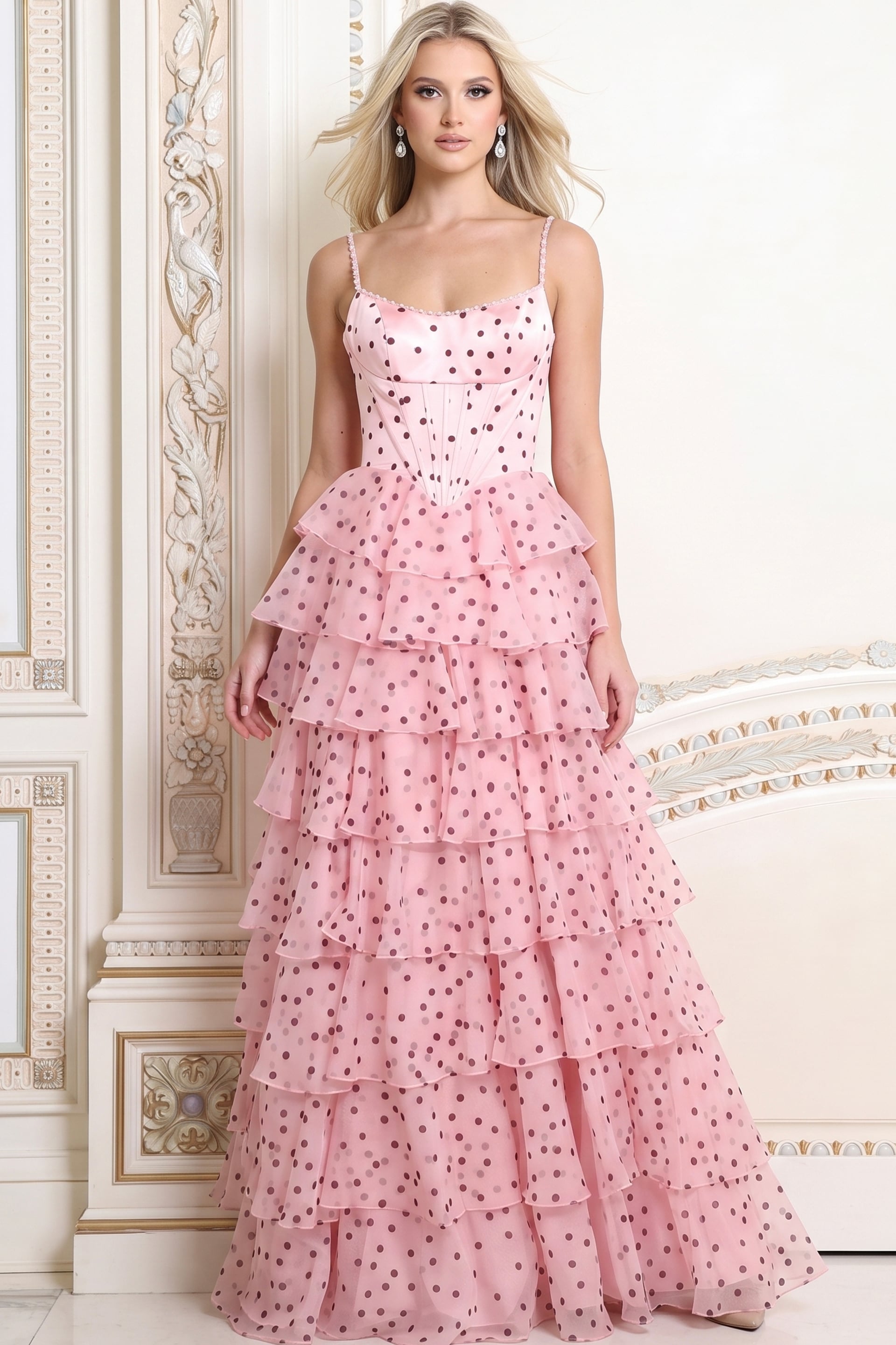 Pink polka dot tulle ball gown with corset bodice and tiered ruffle skirt, Jovani style 53450