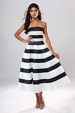 Jovani style 53462 black and white striped strapless A-line midi dress with straight neckline and pleated skirt, front view