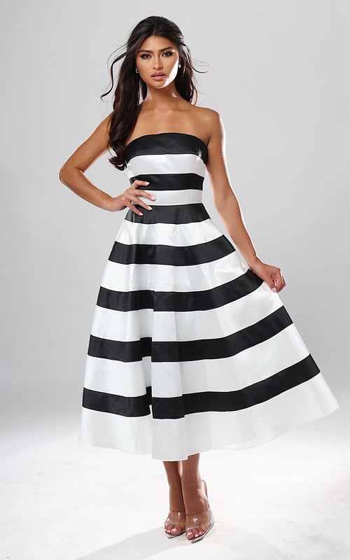 Jovani style 53462 black and white striped strapless A-line midi dress with straight neckline and pleated skirt, front view