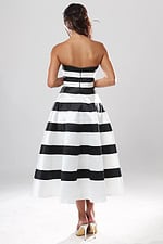 back view of black and white striped strapless A-line midi dress with straight neckline and pleated skirt, Jovani style 53462