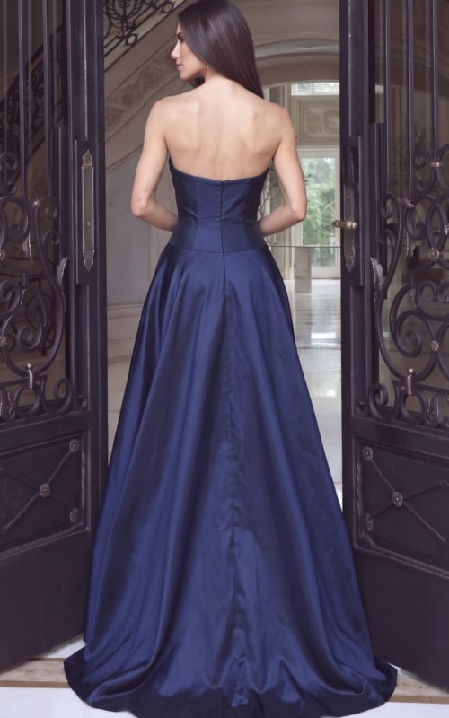 navy blue Jovani 53464 Back view, strapless bodice