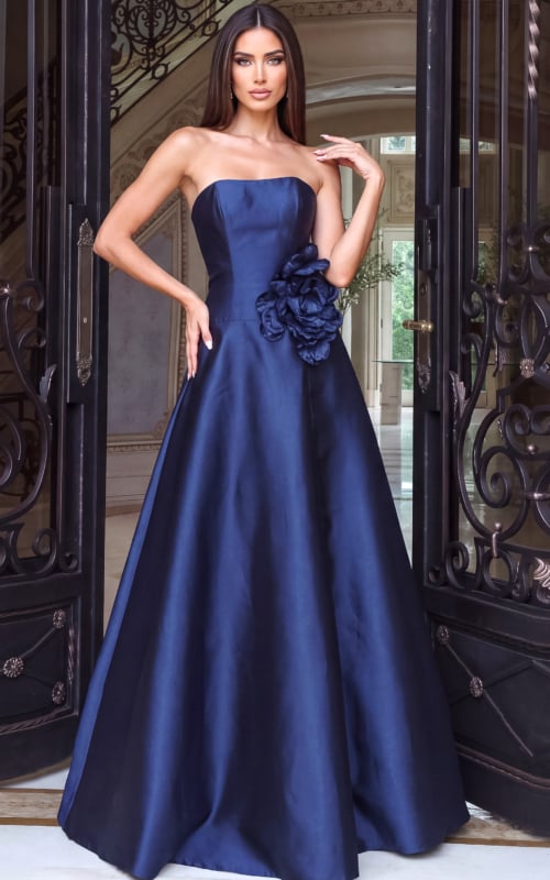 navy blue Jovani 53464 Front, floral detail