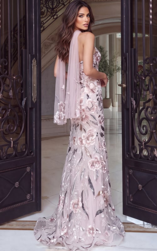 Embroidered blush florals and a draped tulle shawl on a mermaid gown, rear view