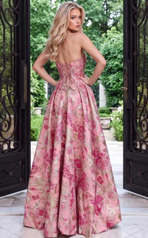 Back view of pink floral jacquard ball gown 53485 showing the lace up corset back and sweeping skirt